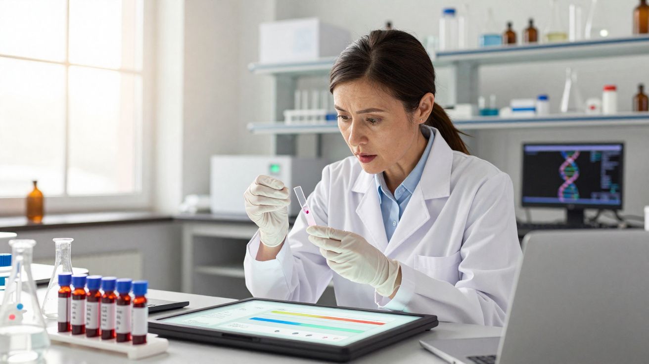 Cientista com jaleco e luvas analisa amostra em tubo de ensaio em laboratório moderno.