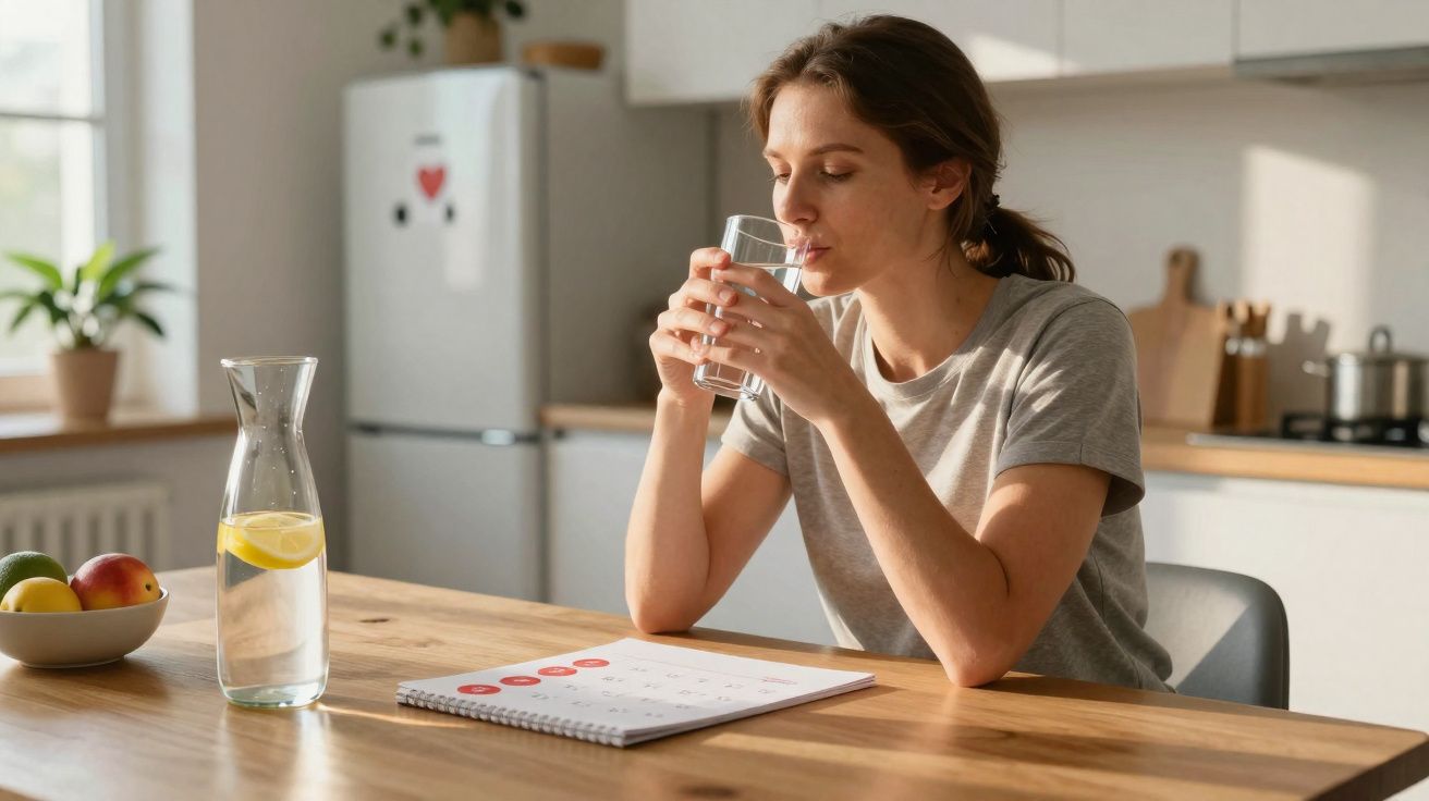 Mulher sentada em cozinha bebendo água e olhando agenda sobre mesa de madeira clara.