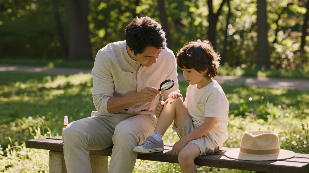 Homem usando lupa para examinar o joelho machucado de criança sentados em banco de parque ensolarado.