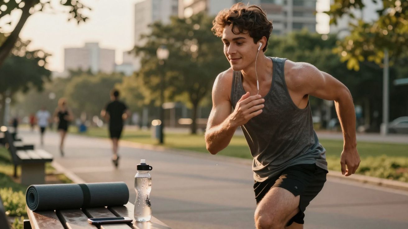 Homem correndo na pista de corrida de um parque urbano ao amanhecer, com fones de ouvido.