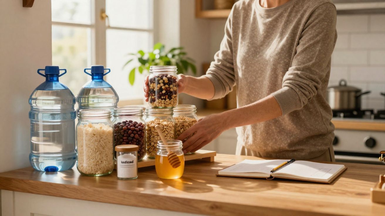 Pessoa organizando potes de vidro com alimentos e mel em cozinha ensolarada, com caderno aberto na bancada.