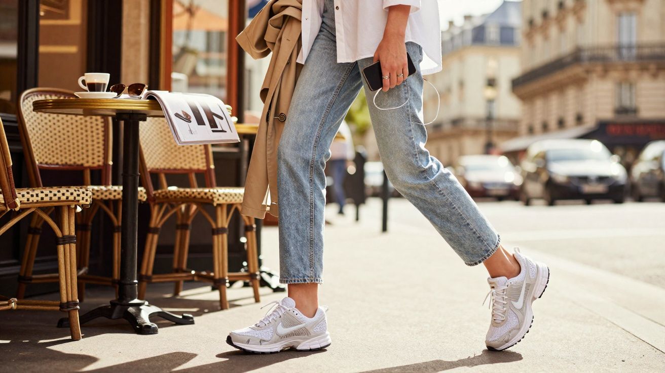 Pessoa caminhando na rua com jeans e tênis branco próximo a uma mesa de café ao ar livre.