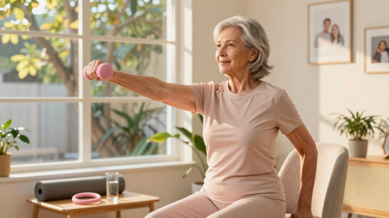 Idosa sorridente fazendo exercícios com halteres em cadeira em ambiente iluminado e acolhedor.