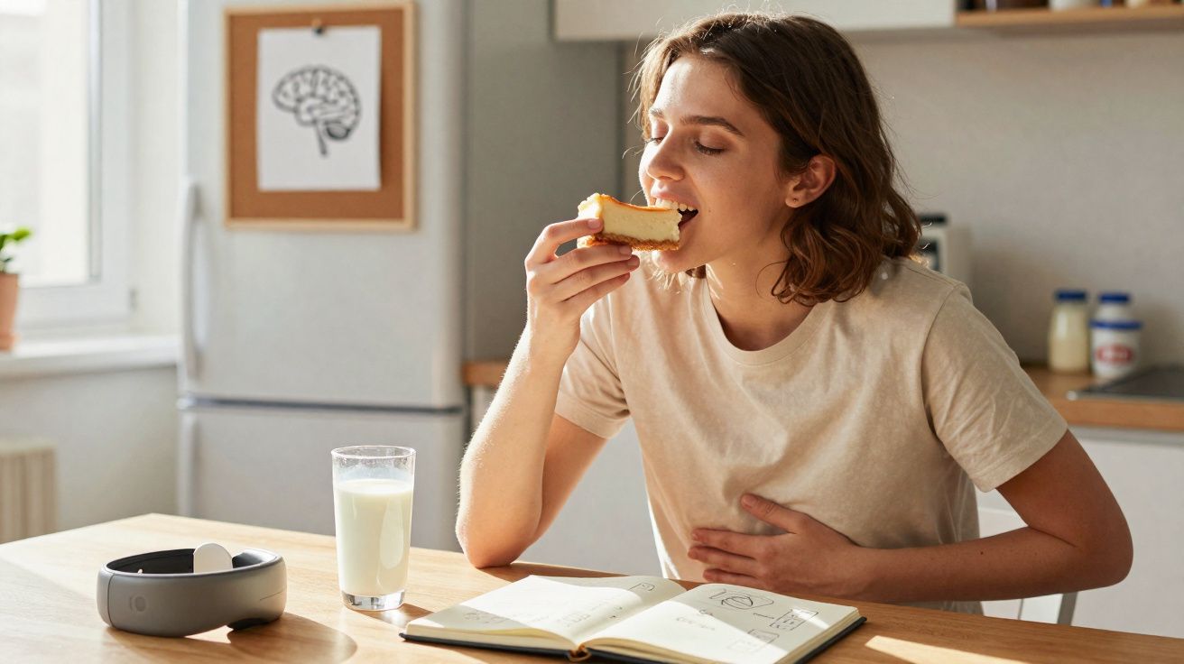 Jovem sentada à mesa, comendo fatia de bolo e segurando o estômago, com copo de leite e livro aberto.