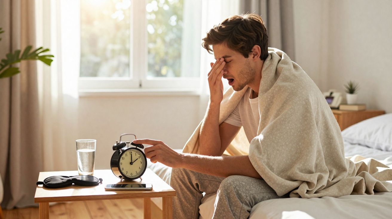 Homem cansado acorda na cama, envolto em cobertor, desligando um despertador preto ao amanhecer.