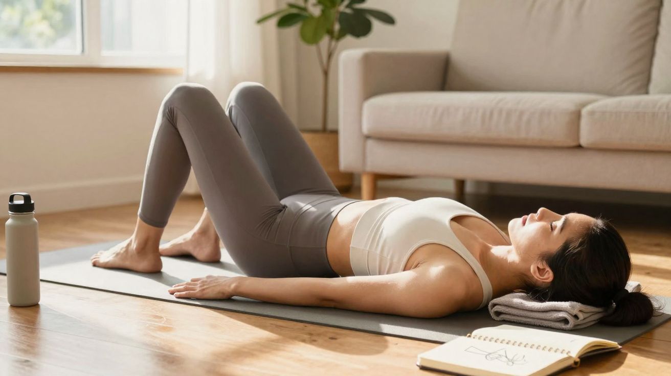 Mulher deitada em tapete de yoga fazendo relaxamento pós-exercício em sala iluminada.