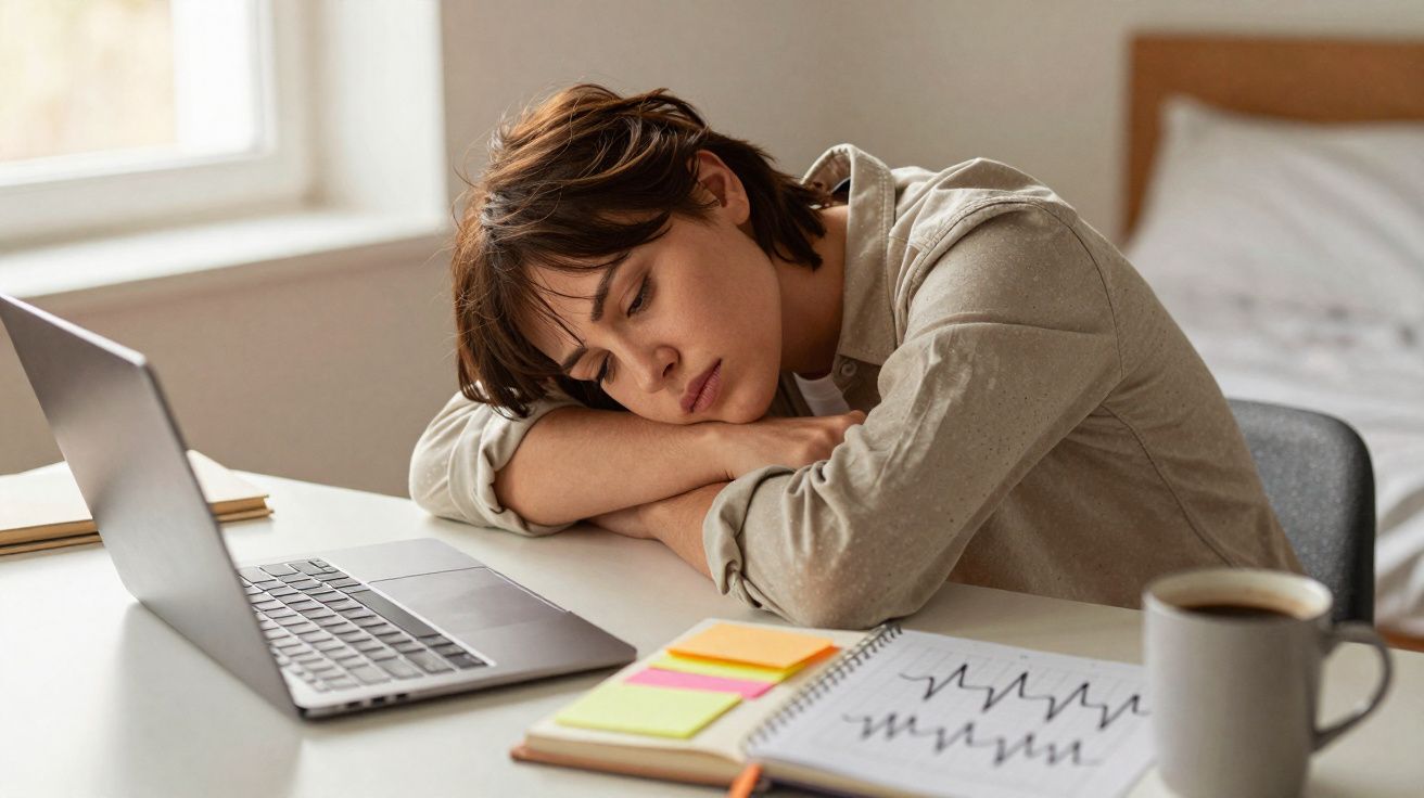 Pessoa cansada descansando a cabeça sobre os braços na mesa com notebook, caderno e café em ambiente claro.