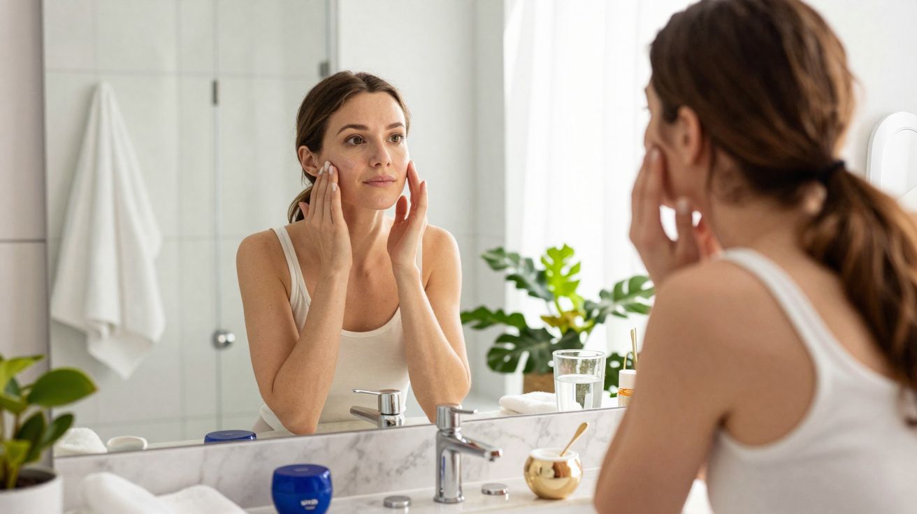 Mulher aplicando creme no rosto em frente ao espelho no banheiro iluminado com plantas e toalhas brancas.