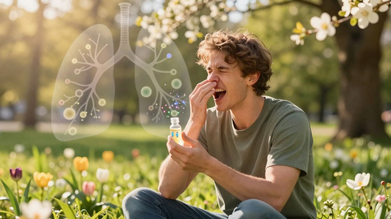 Homem em jardim com expressão de alergia nasal segurando frasco de remédio, com ilustração de pulmões ao fundo.