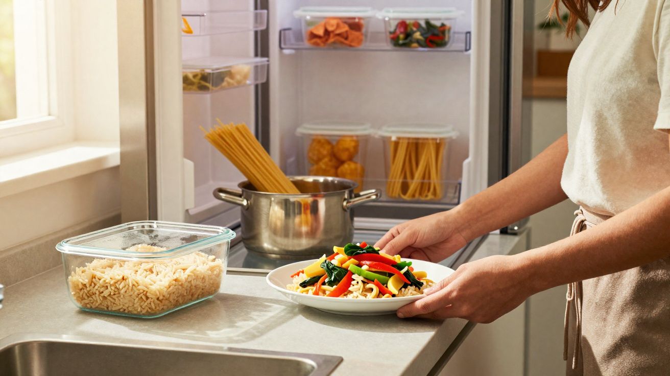 Pessoa colocando prato com macarrão e legumes sob bancada de cozinha com geladeira aberta ao fundo.