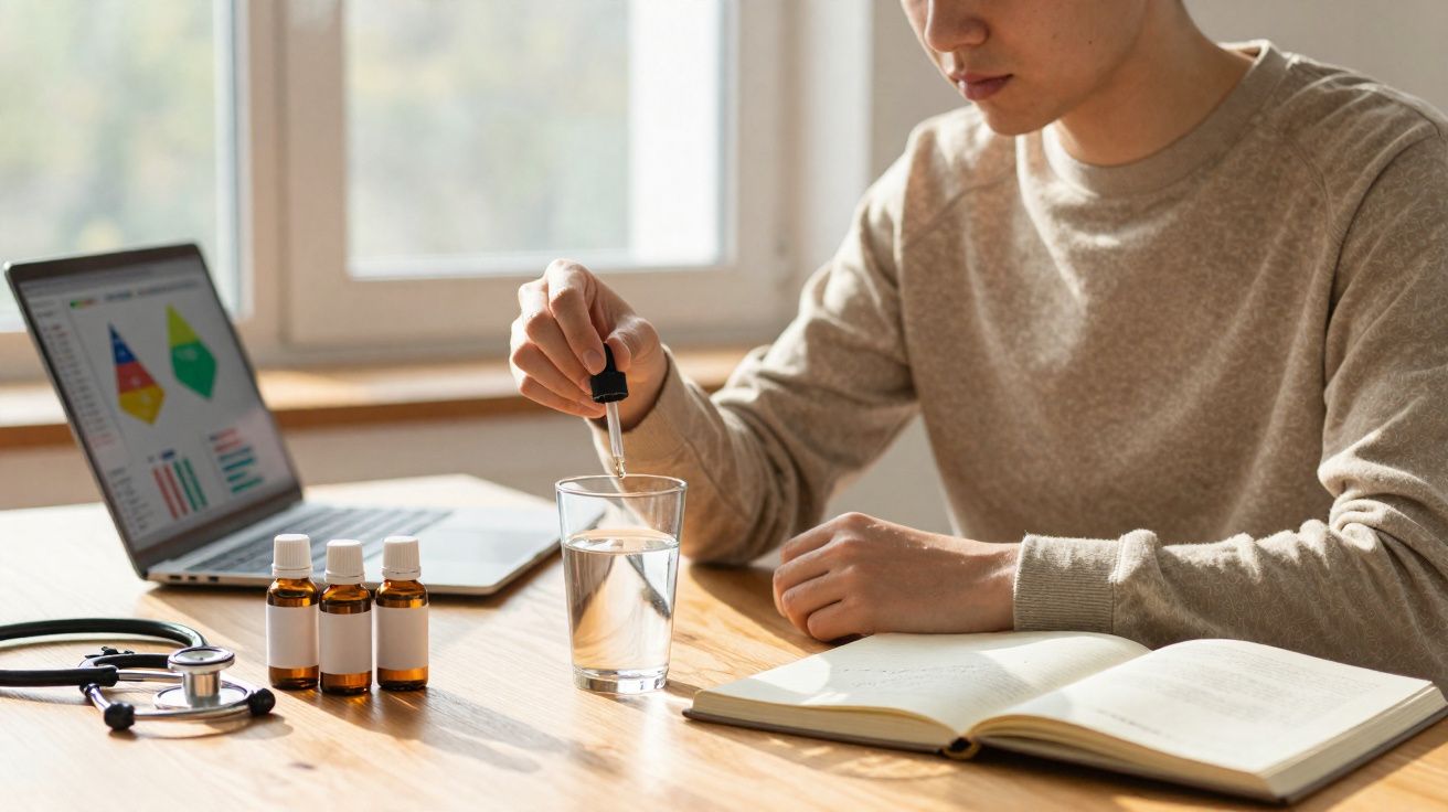 Pessoa usando conta-gotas para colocar líquido em copo ao lado de garrafas, laptop e livro aberto.