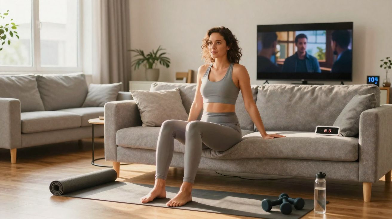 Mulher fazendo exercício de tríceps com cadeira em sala de estar clara e moderna.