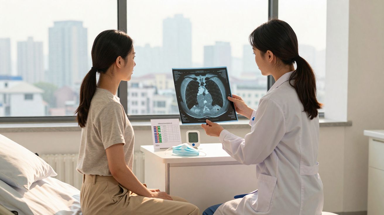 Médica mostrando raio-x de tórax para paciente em consulta em consultório com vista urbana.