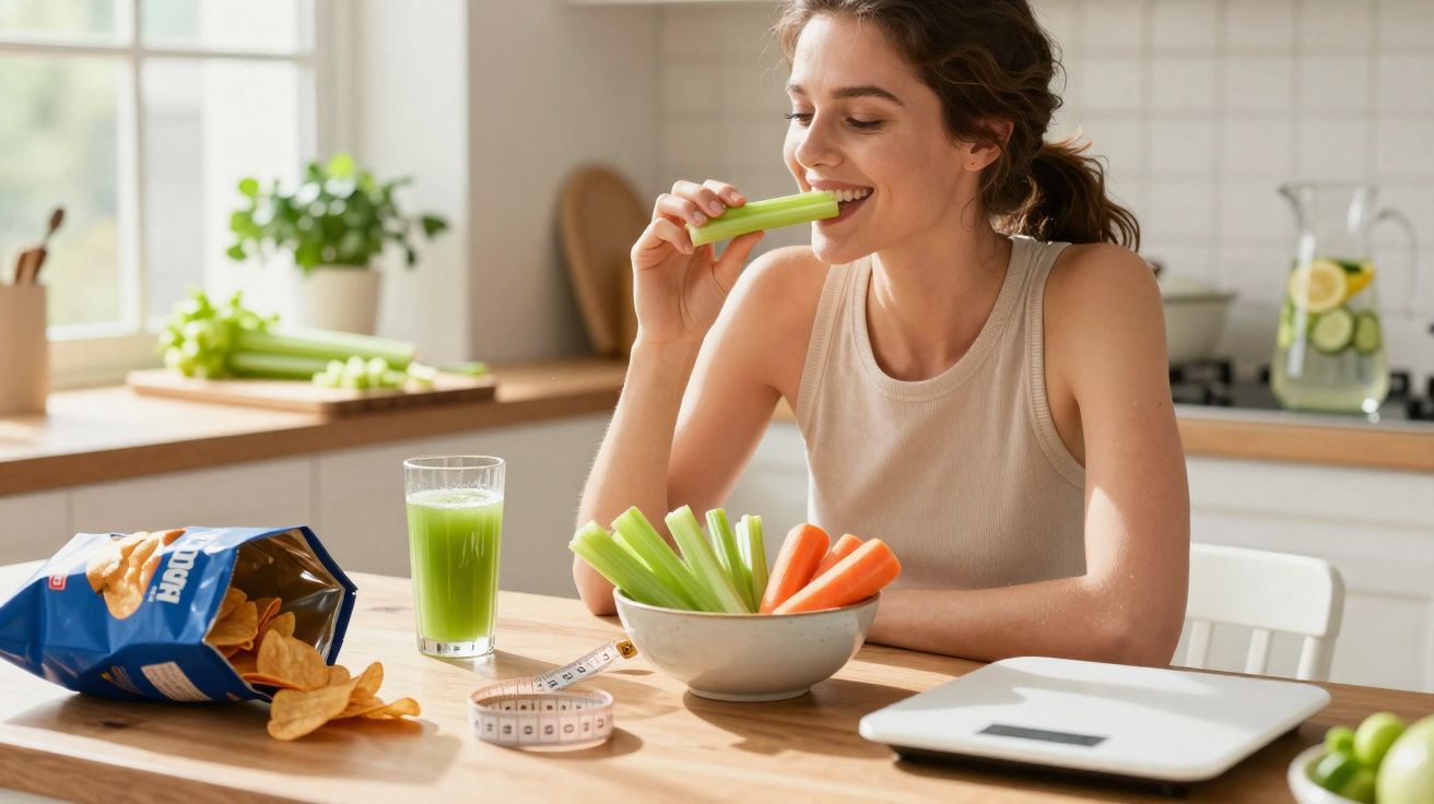 Mulher sorrindo comendo aipo sentado à mesa com petiscos, suco verde e fita métrica na cozinha clara.
