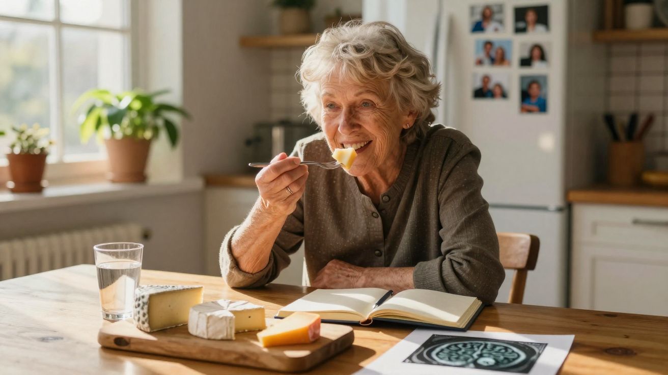 Idosa sorridente sentada à mesa na cozinha com queijo, copo d'água e caderno aberto, preparando para comer.