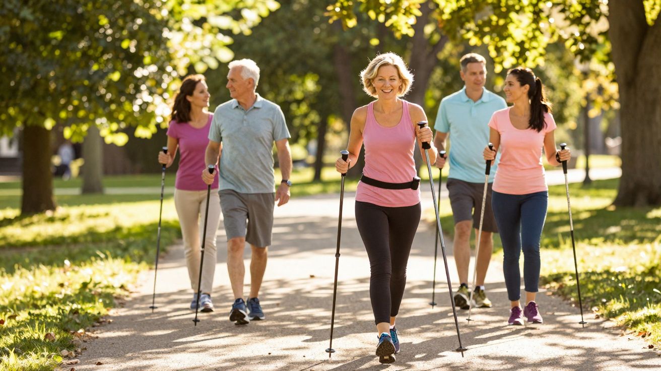 Grupo de cinco adultos praticando caminhada com bastões em parque ensolarado.