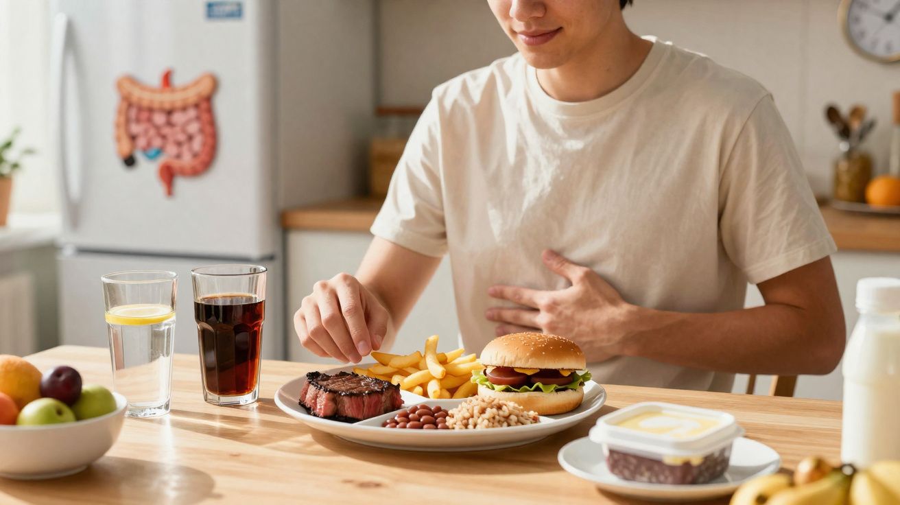 Homem sentindo dor abdominal antes de comer hambúrguer, batata frita, feijão e carne na cozinha.