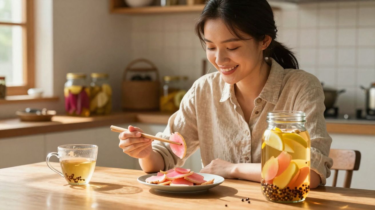 Mulher sorrindo comendo petisco rosa com hashis em cozinha iluminada, ao lado jarra e xícara de chá.