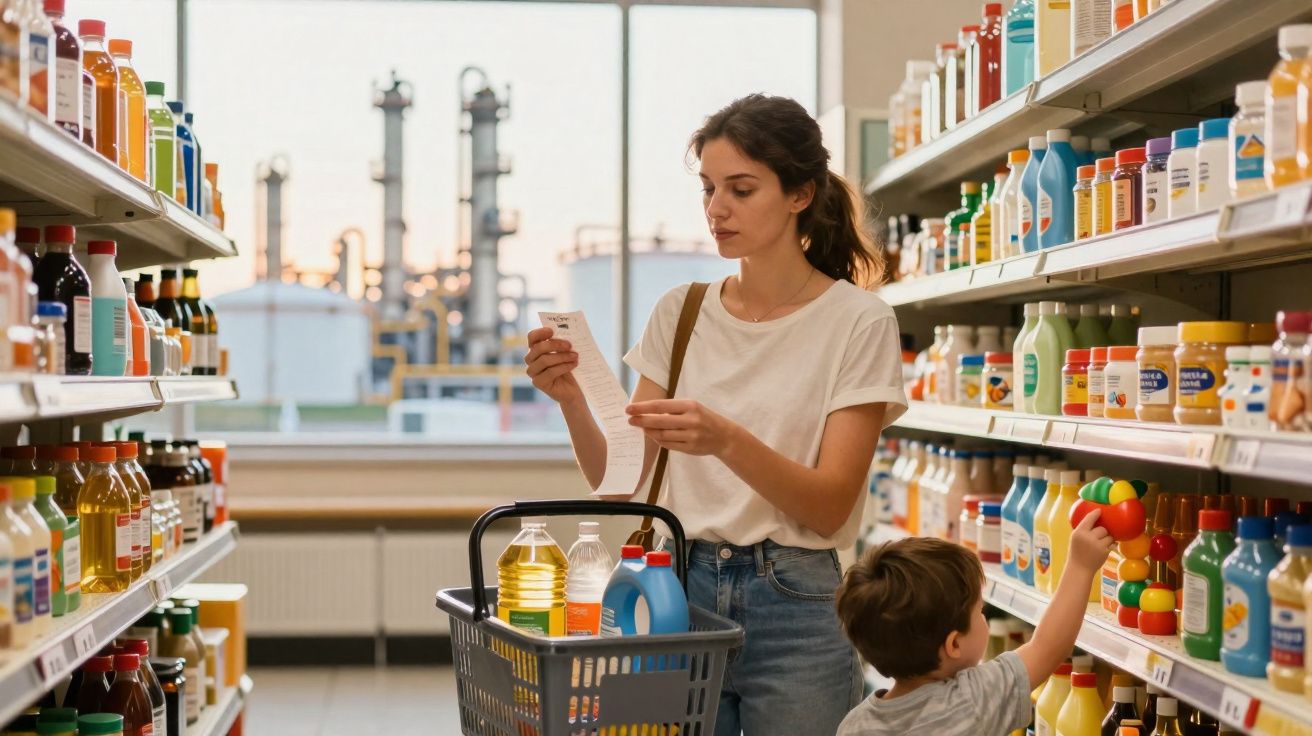 Mulher com cesta de compras confere lista enquanto criança escolhe brinquedo em supermercado.