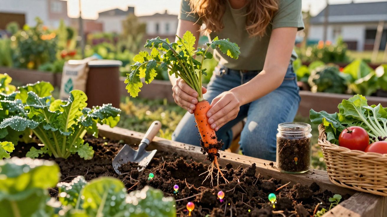 Pessoa colhendo cenoura em canteiro de horta urbana com cesta de verduras ao lado em dia ensolarado.