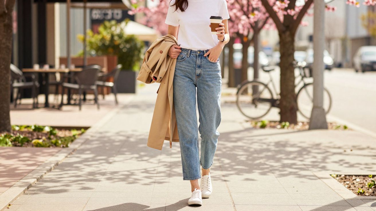 Mulher caminhando na calçada com casaco e café, árvores com flores rosas ao fundo em dia ensolarado.