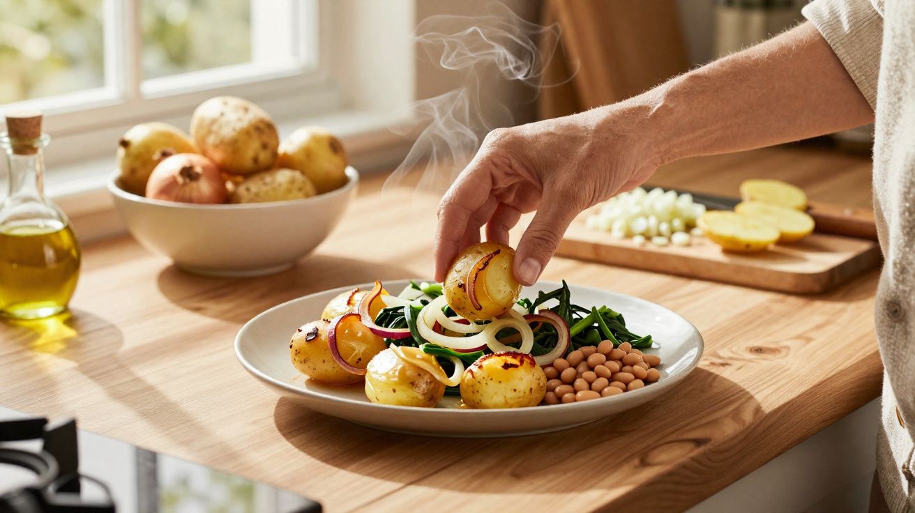 Mão colocando batata quente em prato com legumes, feijão e espinafre na cozinha ensolarada.