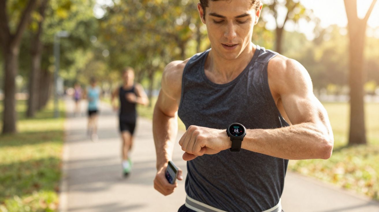 Homem correndo ao ar livre olhando relógio inteligente no pulso em parque ensolarado.