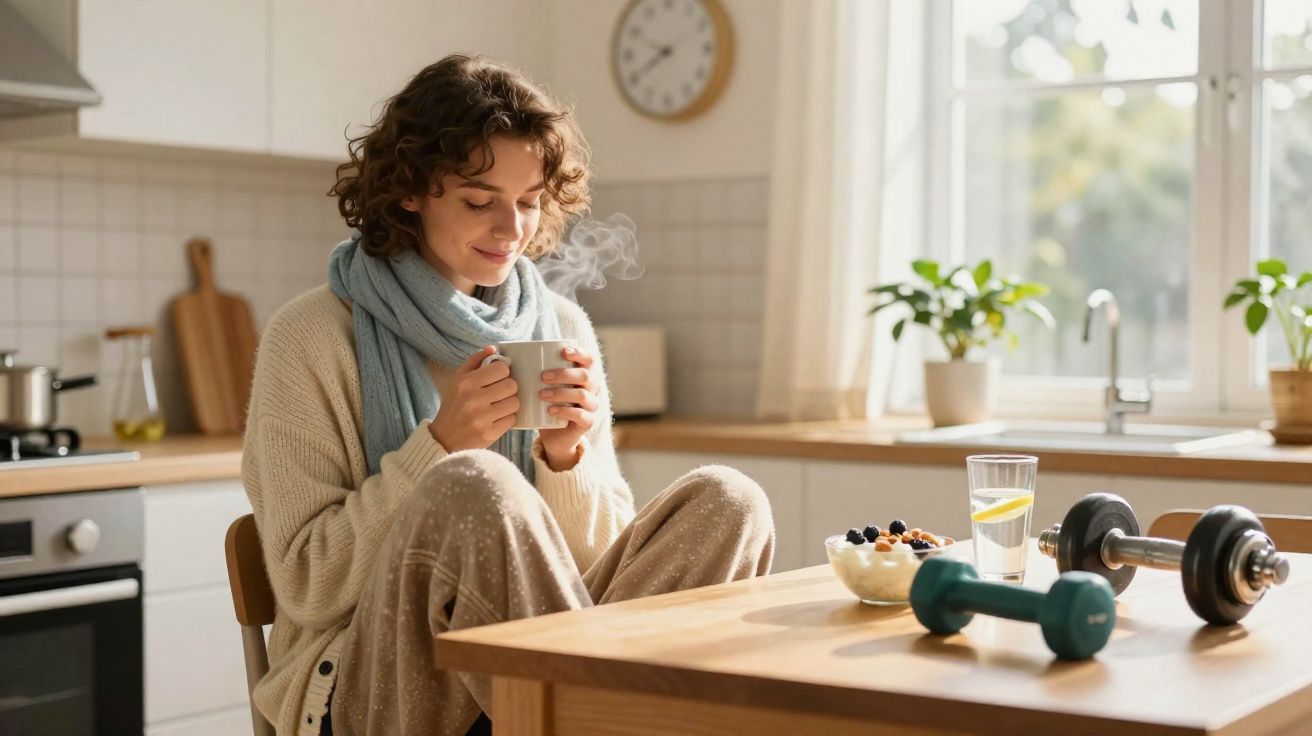 Mulher sentada na cozinha, segurando xícara quente, ao lado de halteres, copo d'água e tigela de frutas.