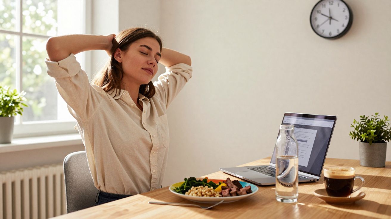 Mulher relaxando sentada à mesa com comida, laptop, café e garrafa d’água em ambiente iluminado.
