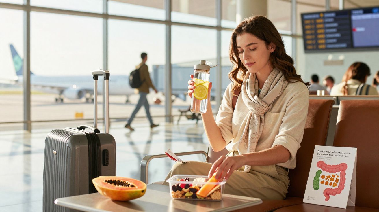 Mulher sentada em aeroporto, segurando garrafa de água com limão e com lanche saudável na mesa.
