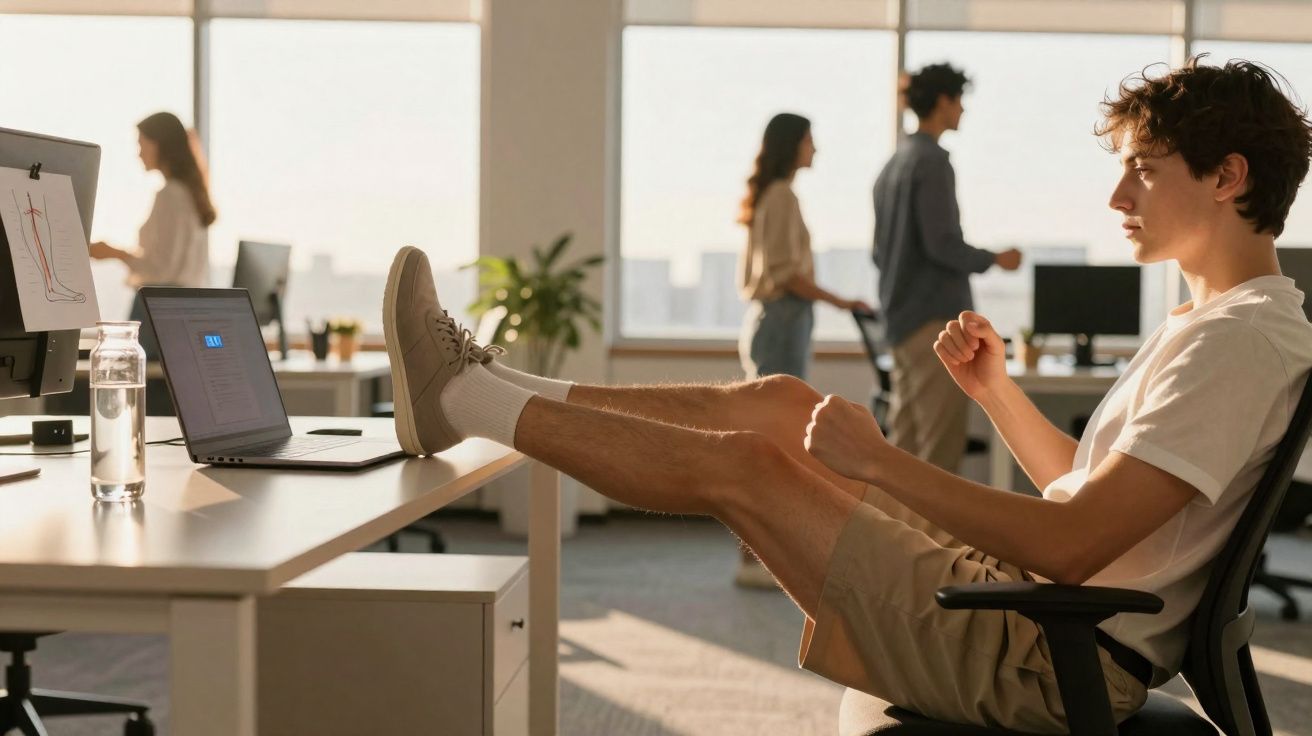 Jovem sentado em cadeira com os pés na mesa, olhando laptop em escritório com colegas ao fundo.