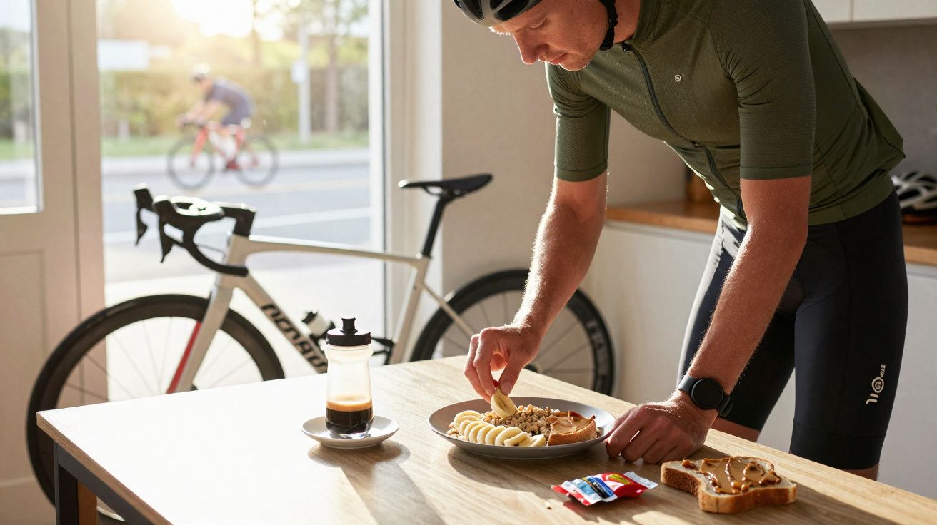 Ciclista com roupa e capacete alimenta-se com frutas e torradas em mesa próxima a bicicleta branca.