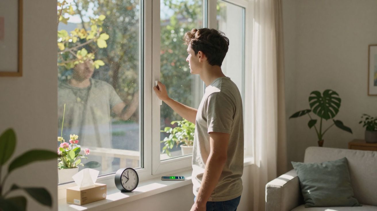 Jovem olhando pela janela em cômodo iluminado com plantas, relógio e sofá ao fundo.