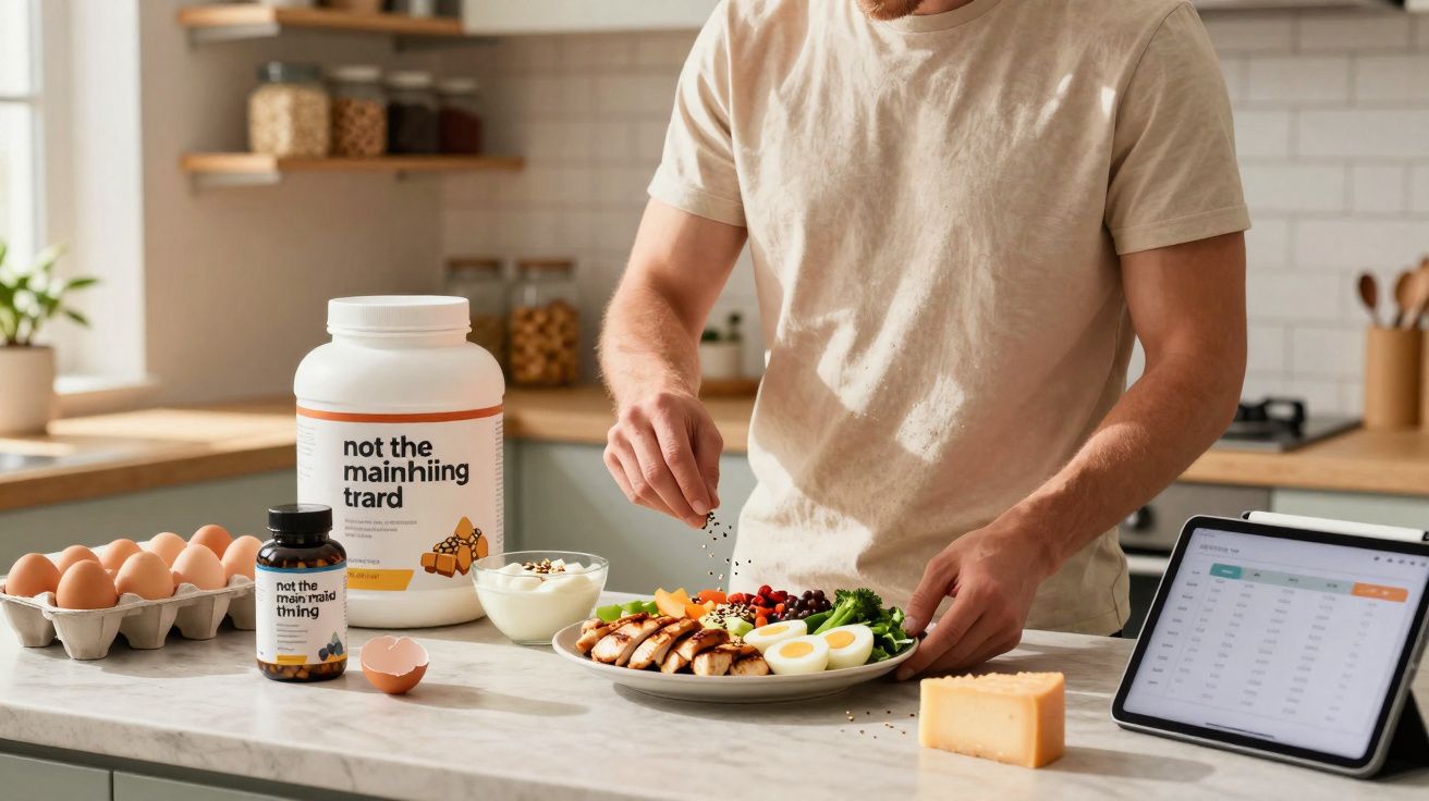 Homem temperando prato com ovos, frango e vegetais em cozinha com suplementos e tablet na bancada.