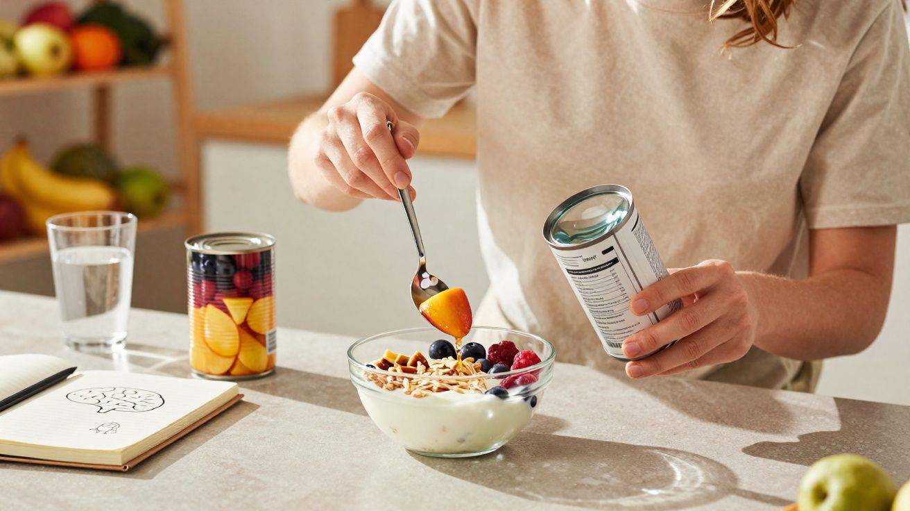 Pessoa colocando frutas em iogurte com granola em um pote sobre mesa clara, próximo a caderno e copo d'água.