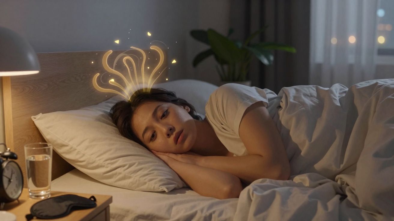 Mulher deitada na cama com expressão pensativa e lâmpada brilhando simbolizando uma ideia acima da cabeça.