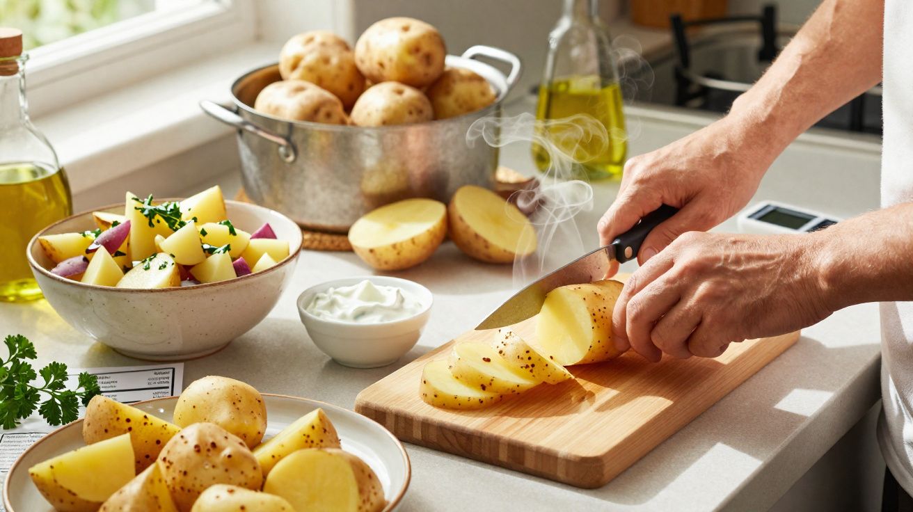 Pessoa cortando batata cozida em tábua de madeira com potes de batatas e óleos ao fundo.