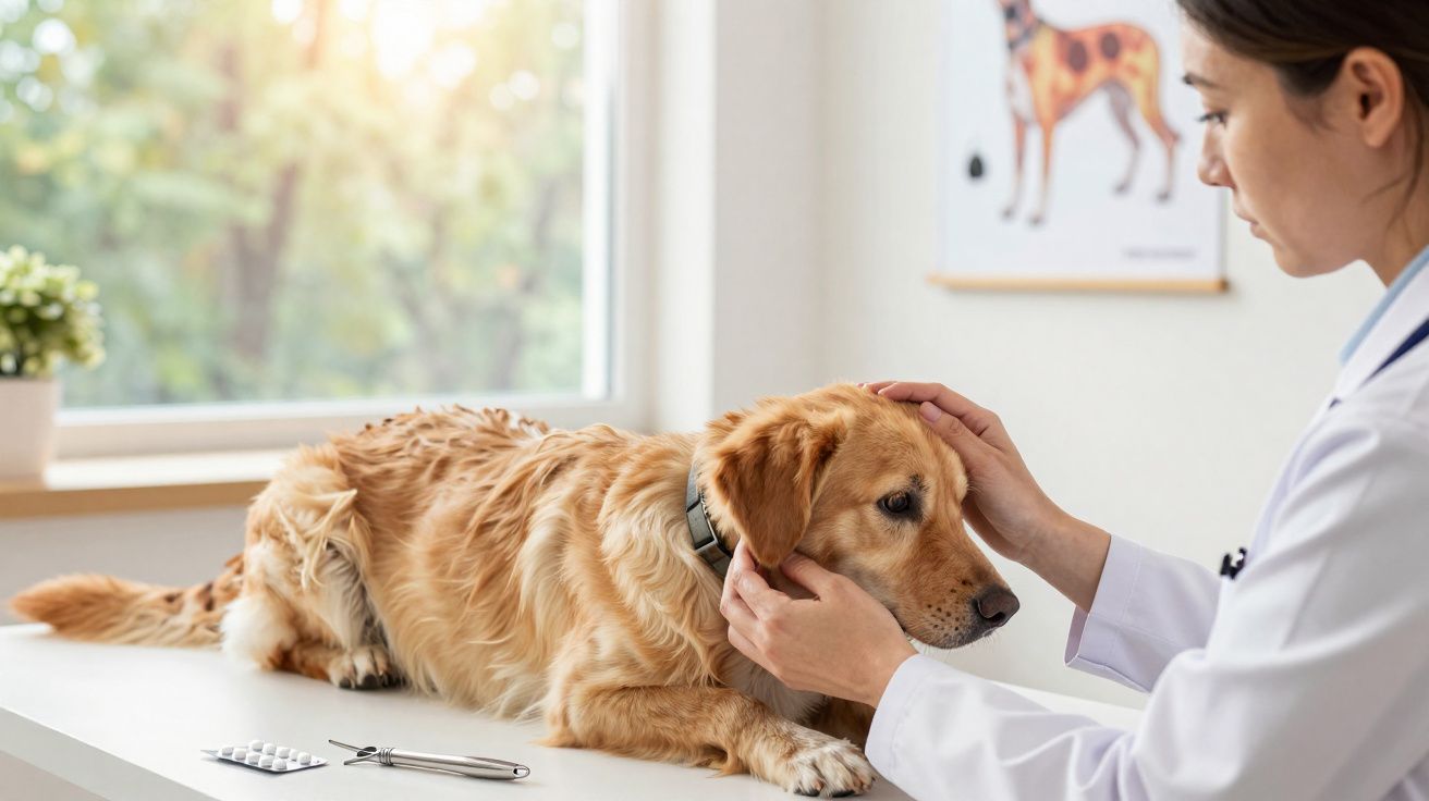 Veterinária examinando cão dourado em mesa branca, com medicamento e tesoura ao lado.