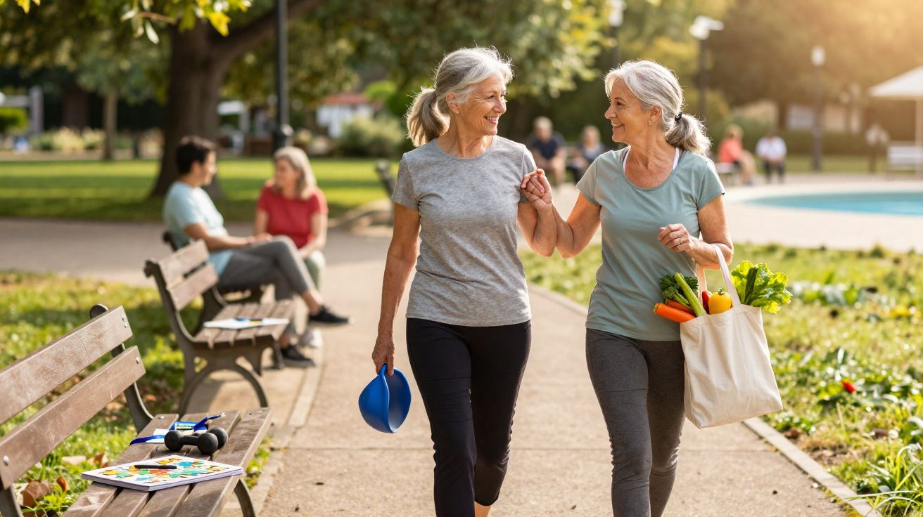Duas mulheres idosas caminhando juntas em parque, sorrindo e segurando uma sacola com legumes.