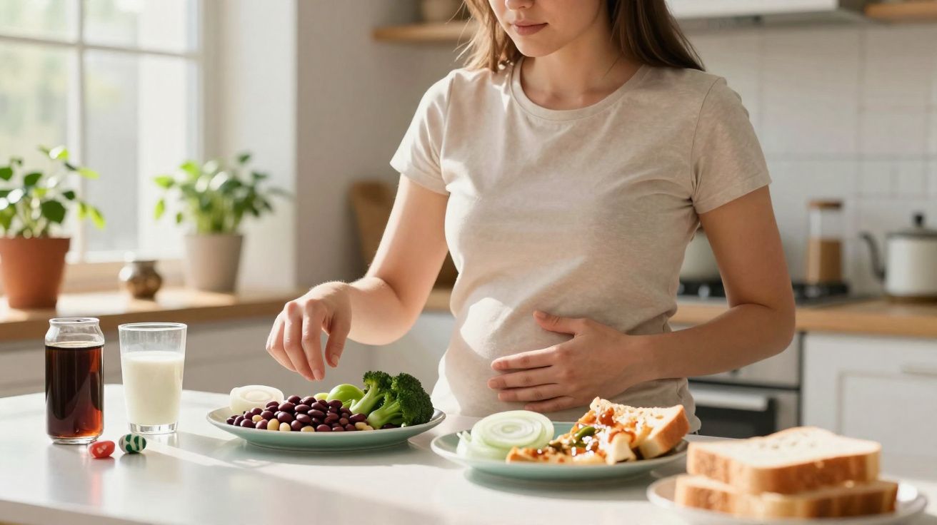 Mulher segurando a barriga e escolhendo alimentos saudáveis em uma cozinha iluminada.