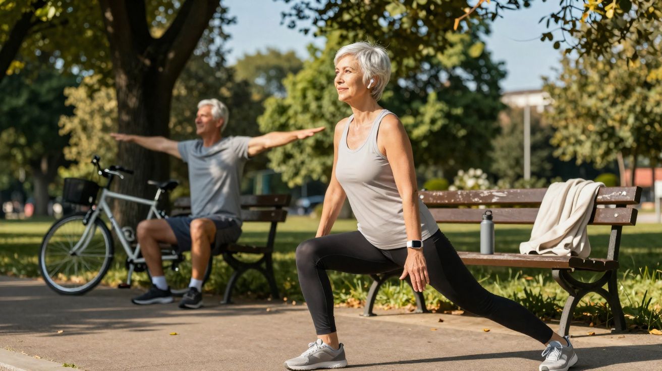 Casal de idosos fazendo alongamento no parque em dia ensolarado, com bicicletas e banco ao fundo.