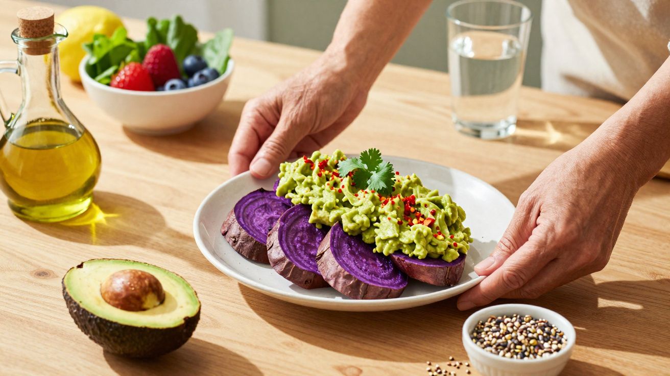 Mãos segurando prato com fatias de batata roxa cobertas por guacamole e pimenta, sobre mesa com abacate e azeite.