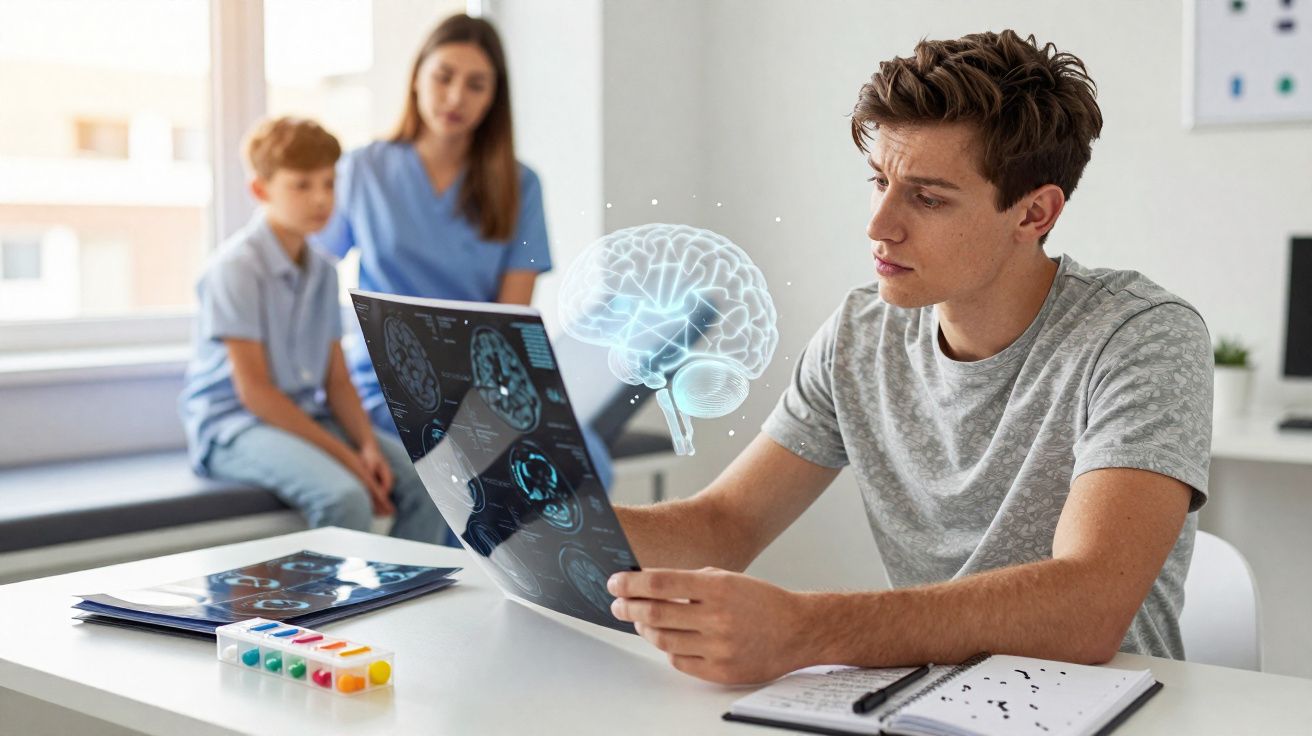 Homem analisando imagem de ressonância magnética do cérebro enquanto duas pessoas aguardam ao fundo em consultório.