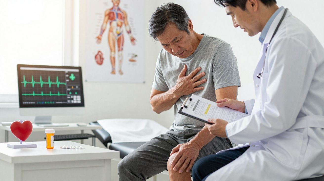 Paciente idoso com mão no peito consultando médico que analisa exames em clínica.
