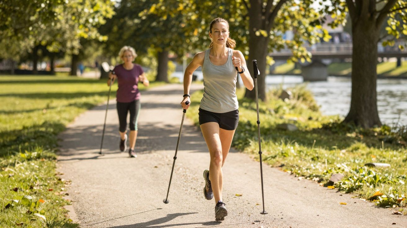 Mulher correndo com bastões de caminhada em parque ao lado de rio sob árvores.
