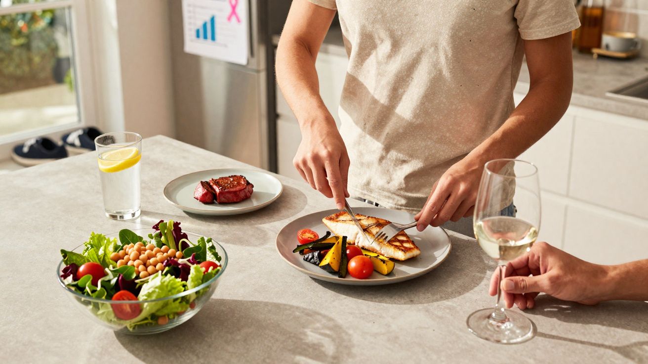 Pessoa cortando peixe grelhado com legumes, salada e taça de vinho branco em bancada de cozinha.