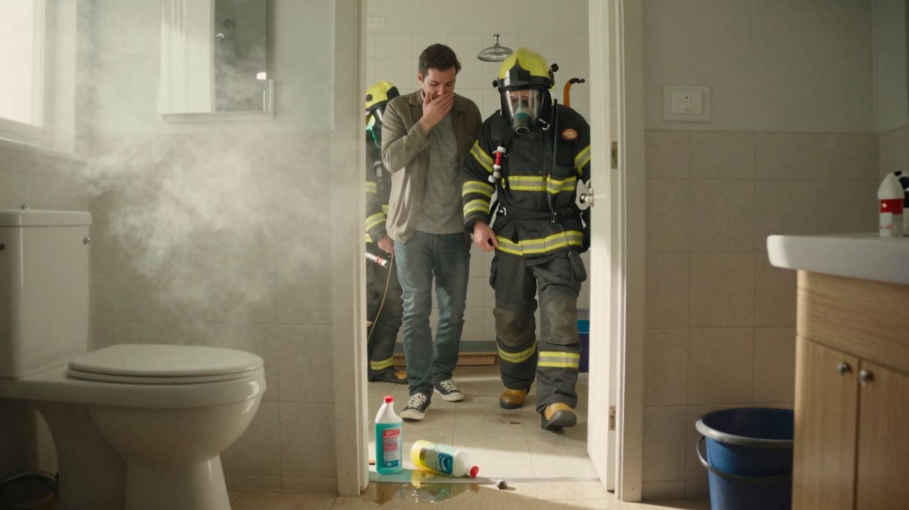 Homem segurando o rosto em um banheiro com fumaça, enquanto bombeiros entram para controle de incêndio.