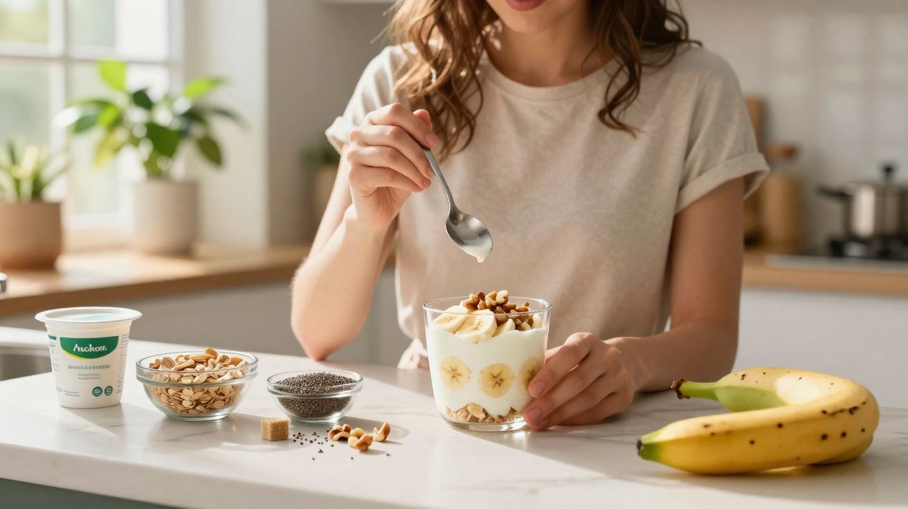 Mulher preparando iogurte com banana fatiada, castanhas e chia em copo na cozinha.