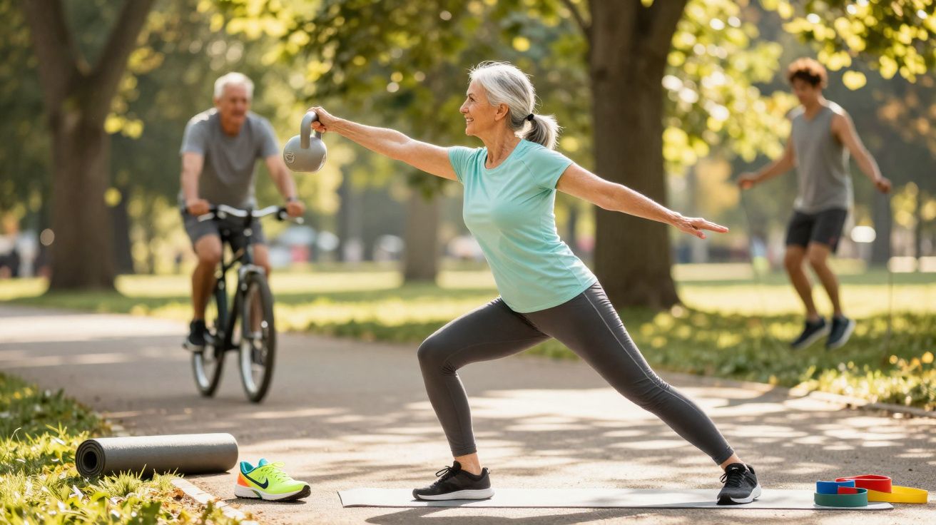 Mulher madura fazendo exercício com kettlebell em parque, homem andando de bicicleta ao fundo.