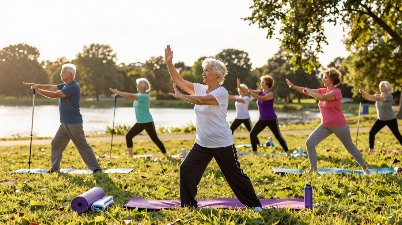 Grupo de idosos praticando alongamento ao ar livre em parque verde próximo ao lago ao entardecer.